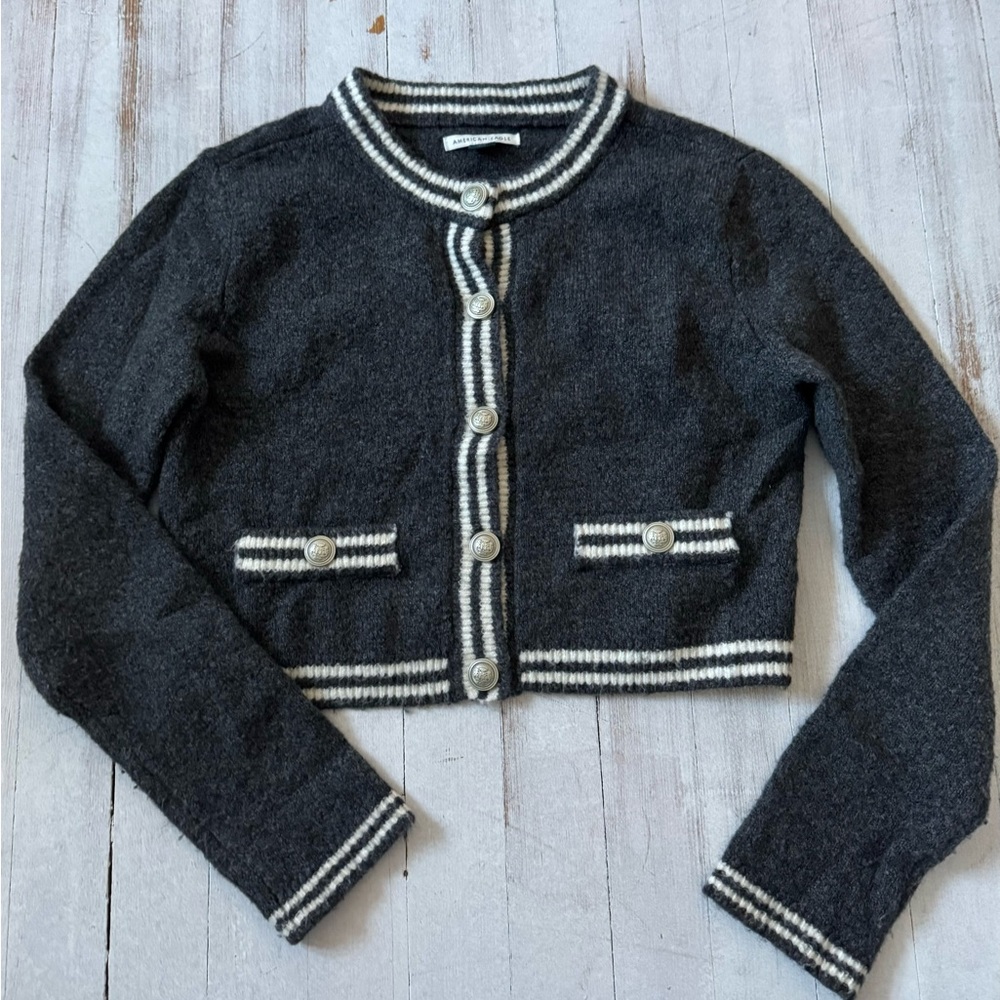 American Eagle Outfitters Gray Cardigan with White Trim